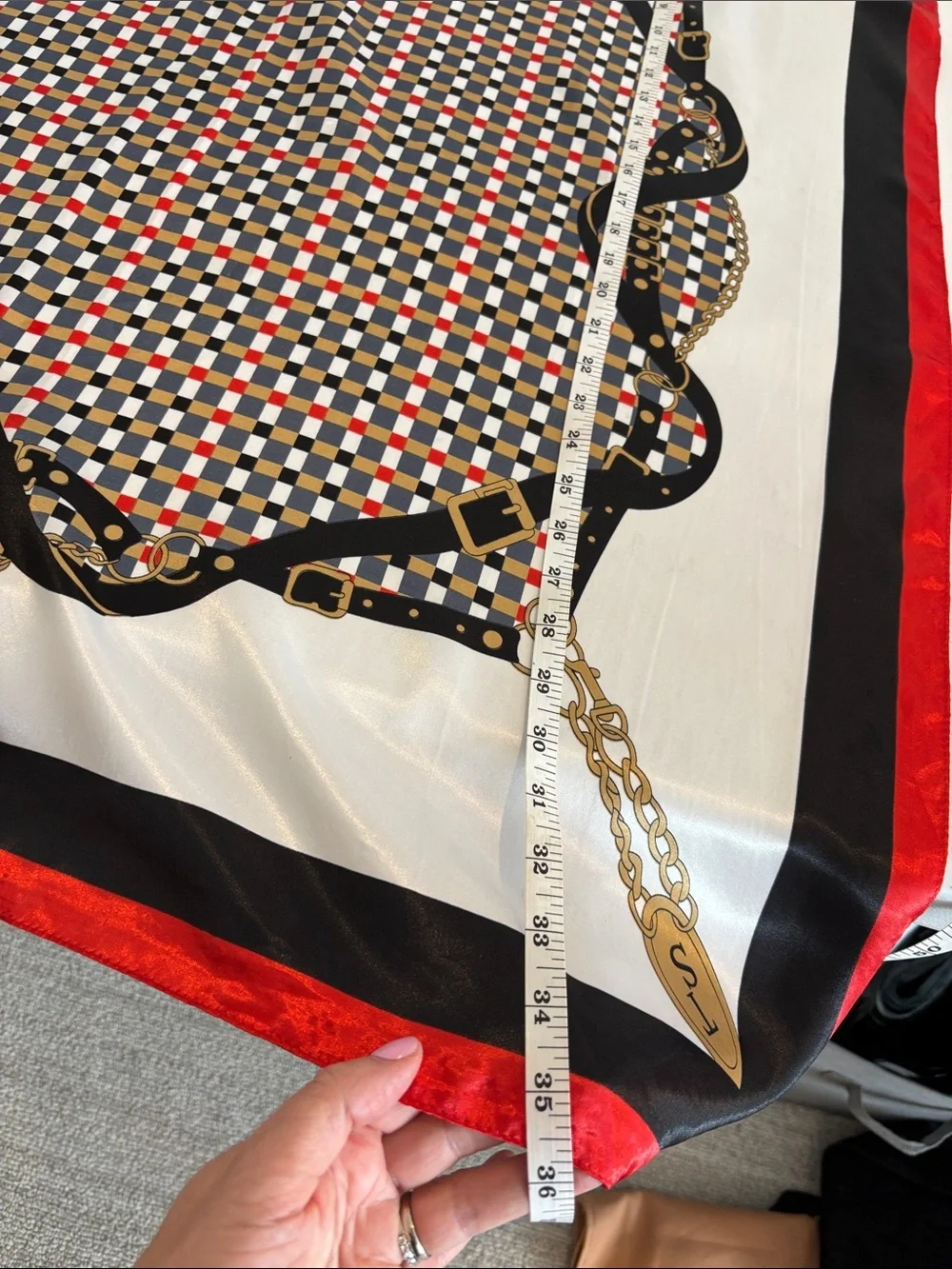Vintage satin equestrian print neck scarf geometric & chain print red white blue - Picture 11 of 11